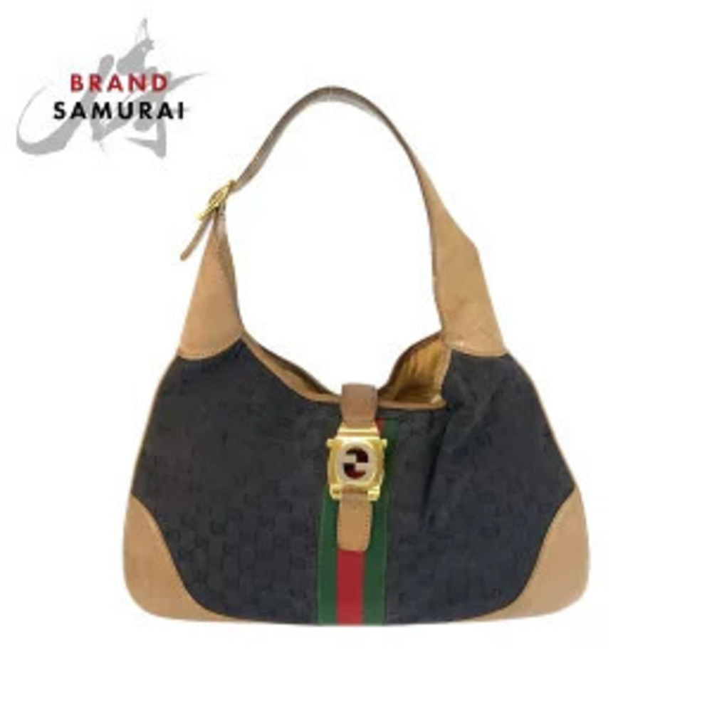 Gucci Sherry Black Brown GG Canvas Leather Shoulder Bag Hobo